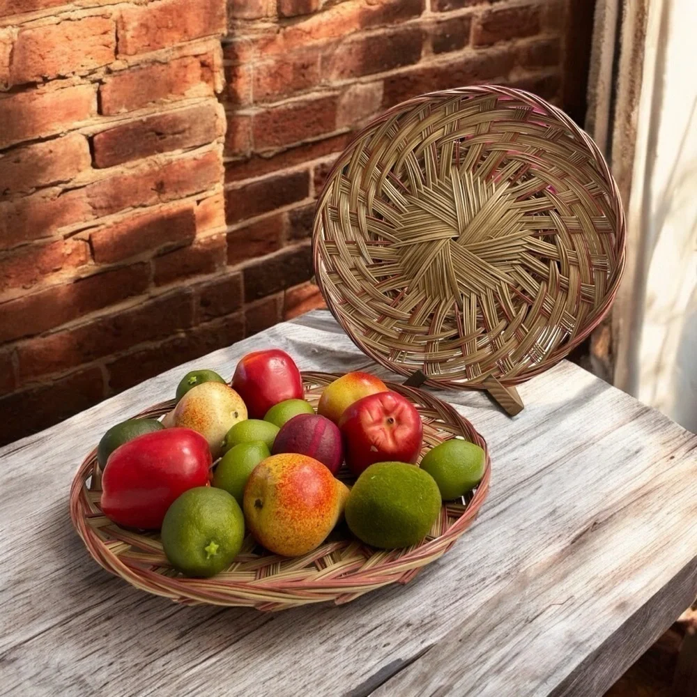 2 Basket Tray Round Two-Tone Coco Midrib Boho Rattan Wicker Reed Basket Decor